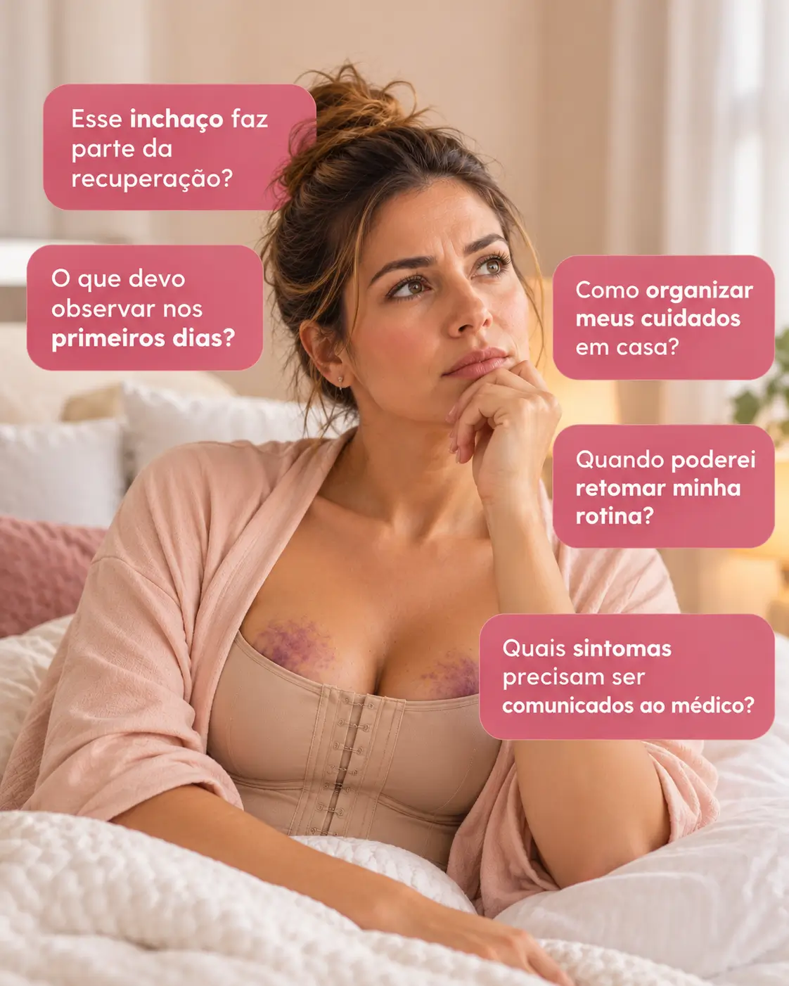 Dúvidas comuns no pós-operatório: esse inchaço faz parte da recuperação? O que devo observar nos primeiros dias? Como organizar meus cuidados em casa? Quando poderei retomar minha rotina? Quais sintomas precisam ser comunicados ao médico?